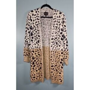 Buckle Black Women's Fuzzy Black Beige Animal Print Cardigan Sweater Size Medium